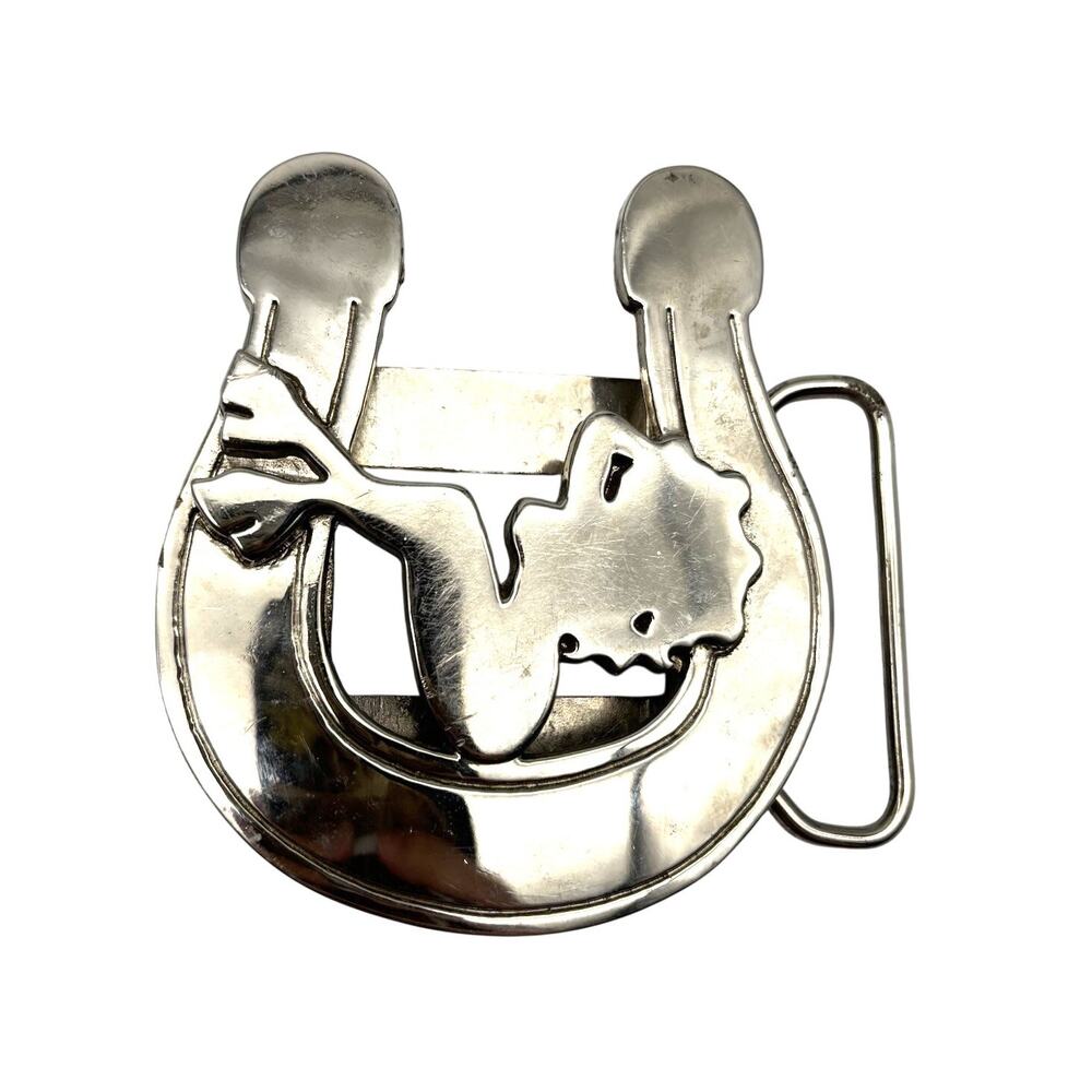 1990s NO FEAR Chrome Lucky Horseshoe Pinup Girl Zippo Holder Buckle Fits 2" Belt